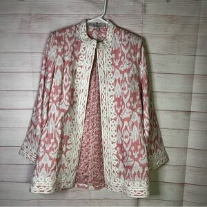 Bella Tu 100% Linen Pink White Lace Embroidered Open Front Jacket Medium